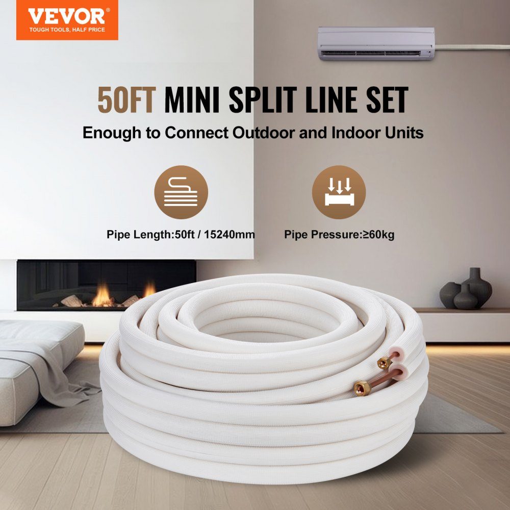Kit de mini ligne divisée de 50 pieds, tubes en cuivre 1/4" et 3/8" OD avec isolation triple couche, pour mini climatisation divisée, équipement de Réf. rigération ou de pompe à chaleur et CVC avec