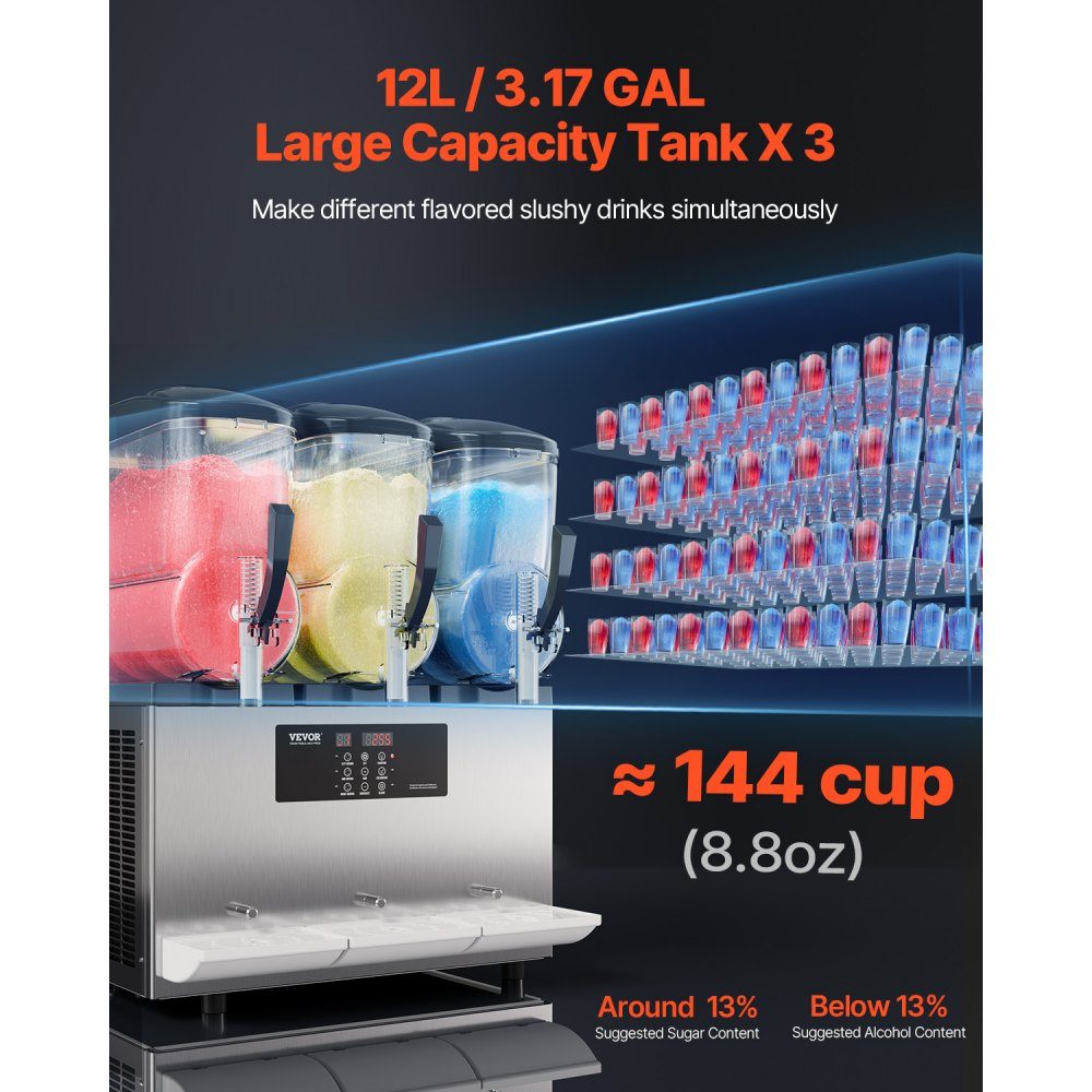 Commercial Slush Ice Cream Maker, 12L x 3, Three Tank Frozen Drink Machine, 144 Cups, Stainless Steel Slush Ice Cream Maker with Keyboard, Soft Ice Cream Machine for Party, Restaurant, Cafe, Bar