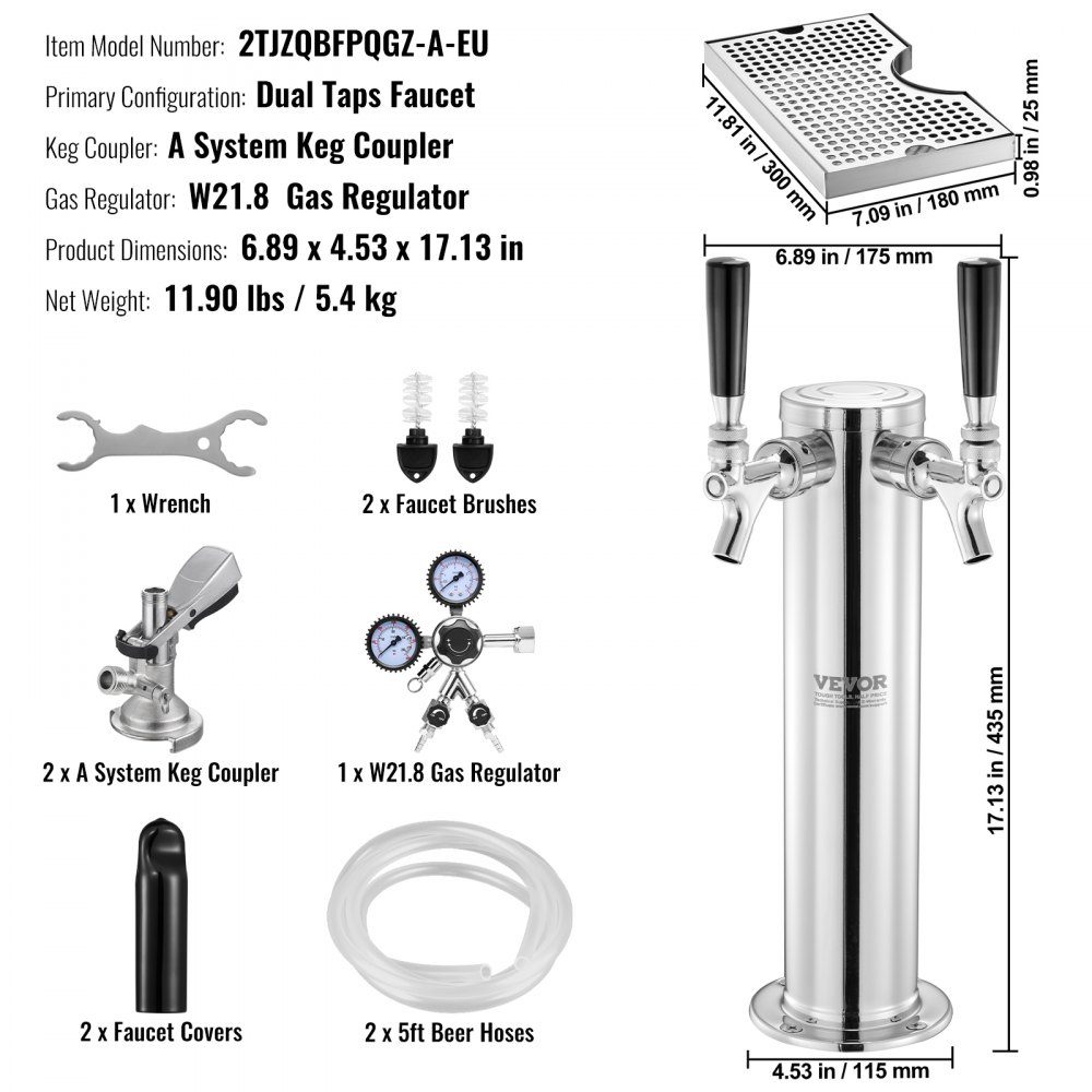 Kegerator Tower Kit, Dual Tap Beer Conversion Kit, roestvrijstalen biertorendispenser met dubbele meter W21.8-regelaar en A-systeem tapkoppeling, bierlekbak voor thuisfeesten