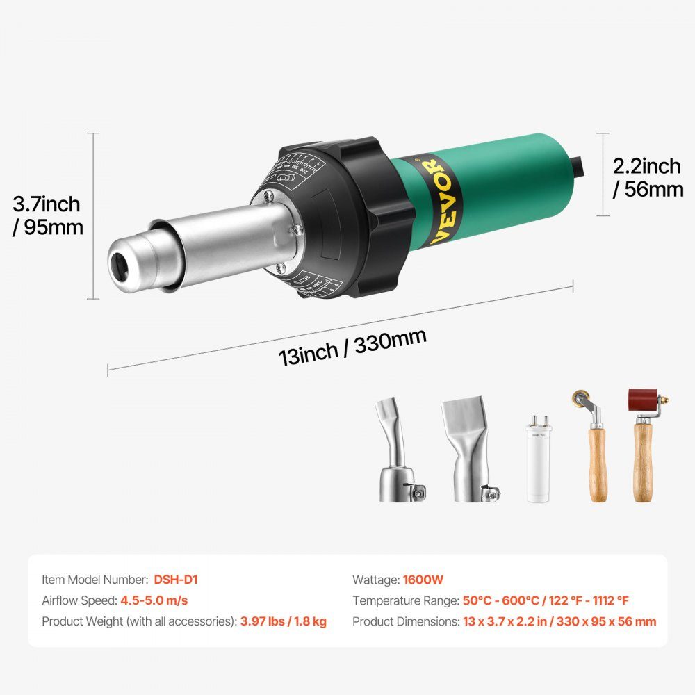 Heißluft-Kunststoffschweißgerät, 1600 W Heißluftpistole, 50–600 °C PVC-TPO-Vinyl-Schweißbrenner, Heißluftschweißgerät-Set mit 2 Düsen, Silikon- und Kupfer-Nahtroller für PP/PE/PVC-Platten