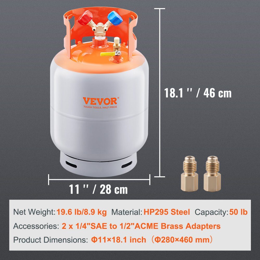 Refrigerant Expansion Tank, 50 Pound Capacity, Portable 400psi Cylinder Tank with Y Valve for Liquid/Vapor, High Seal Expansion Tank for R22/R134A/R410A, Orange + Gray