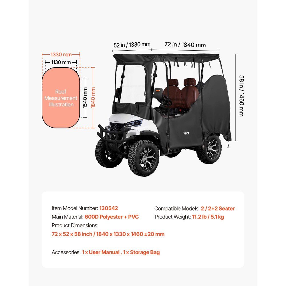 Zichtbare golfkarhoes voor 2-zits golfkarren (de meeste Club Car, Yamaha, EZGO en Honda golfkarren), regenhoes van 600D Oxford-stof, met PU-coating en winddicht haaksysteem