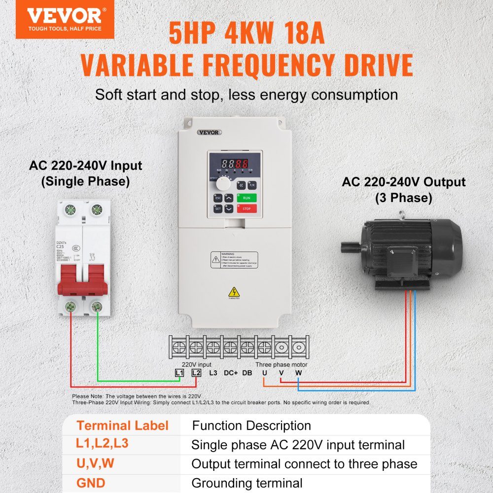 Convertisseur de fréquence VFD 5 HP 4 kW 18 A Entrée 1/3 phase AC 220 V vers sortie triphasée AC 0-220 V Convertisseur de fréquence Entrée 50/60 Hz Sortie 0-2000 Hz VFD pour le contrôle de la vitesse du moteur de broche