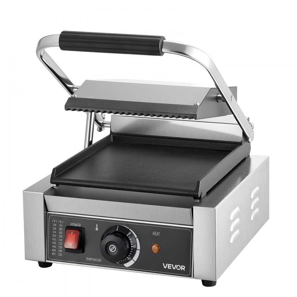 Komercyjny grill kontaktowy 1800 W Grill elektryczny Opiekacz do kanapek Prasa Panini ze stali nierdzewnej z uchwytem i regulacją temperatury, płaska emaliowana płyta 22 x 23 cm (pojedyncza) do steku z bekonem i hamburgerem