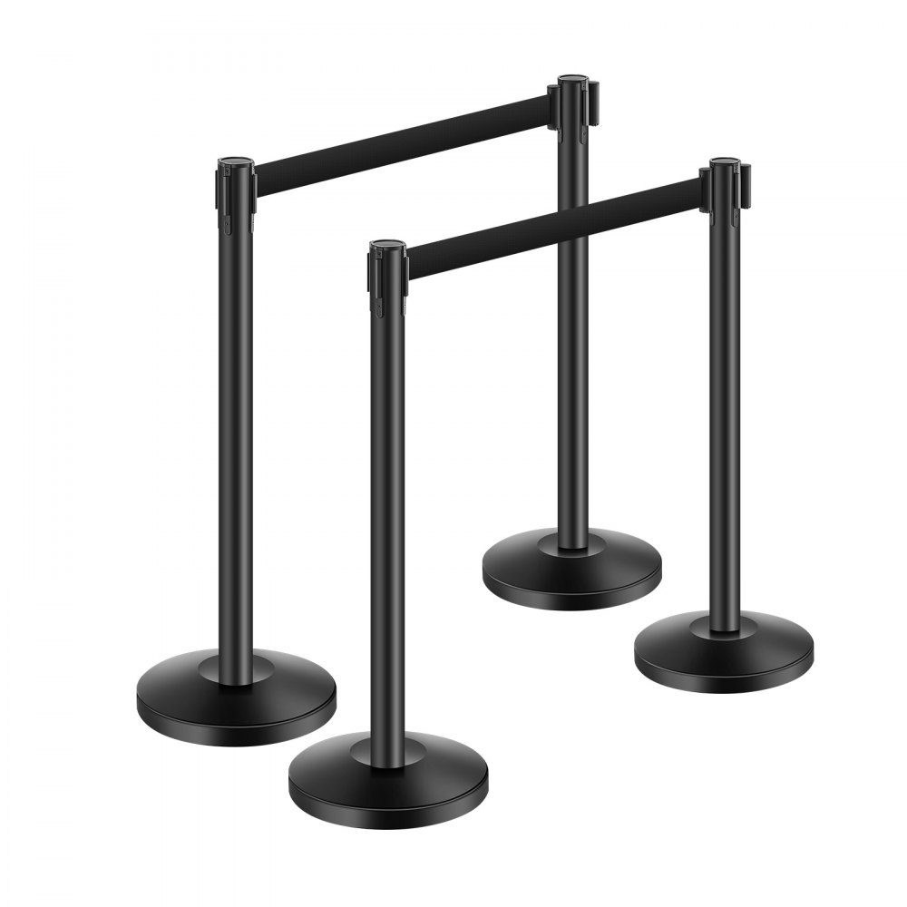 Crowd Control Barrier Posts (Pack of 4) with 4 Retractable Straps, Carbon Steel Barrier Posts with Hollow Base for Weddings, Exhibitions, Black