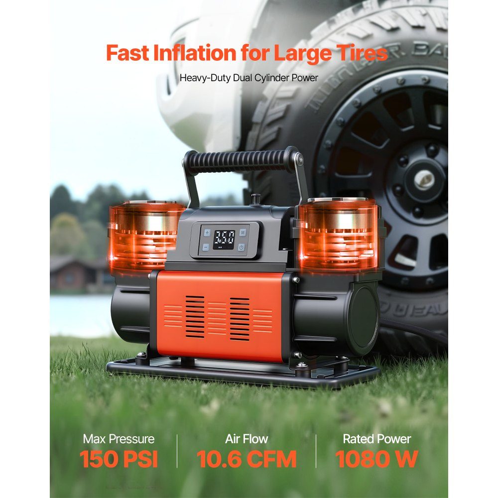 Air Compressor Dual Cylinder 300L/min Auto Shut-off Tire Inflator 12V 10.3bar Off-Road Air Pump with LCD Digital Display and Adapters for Trucks, Cars, SUVs, SUVs and RVs