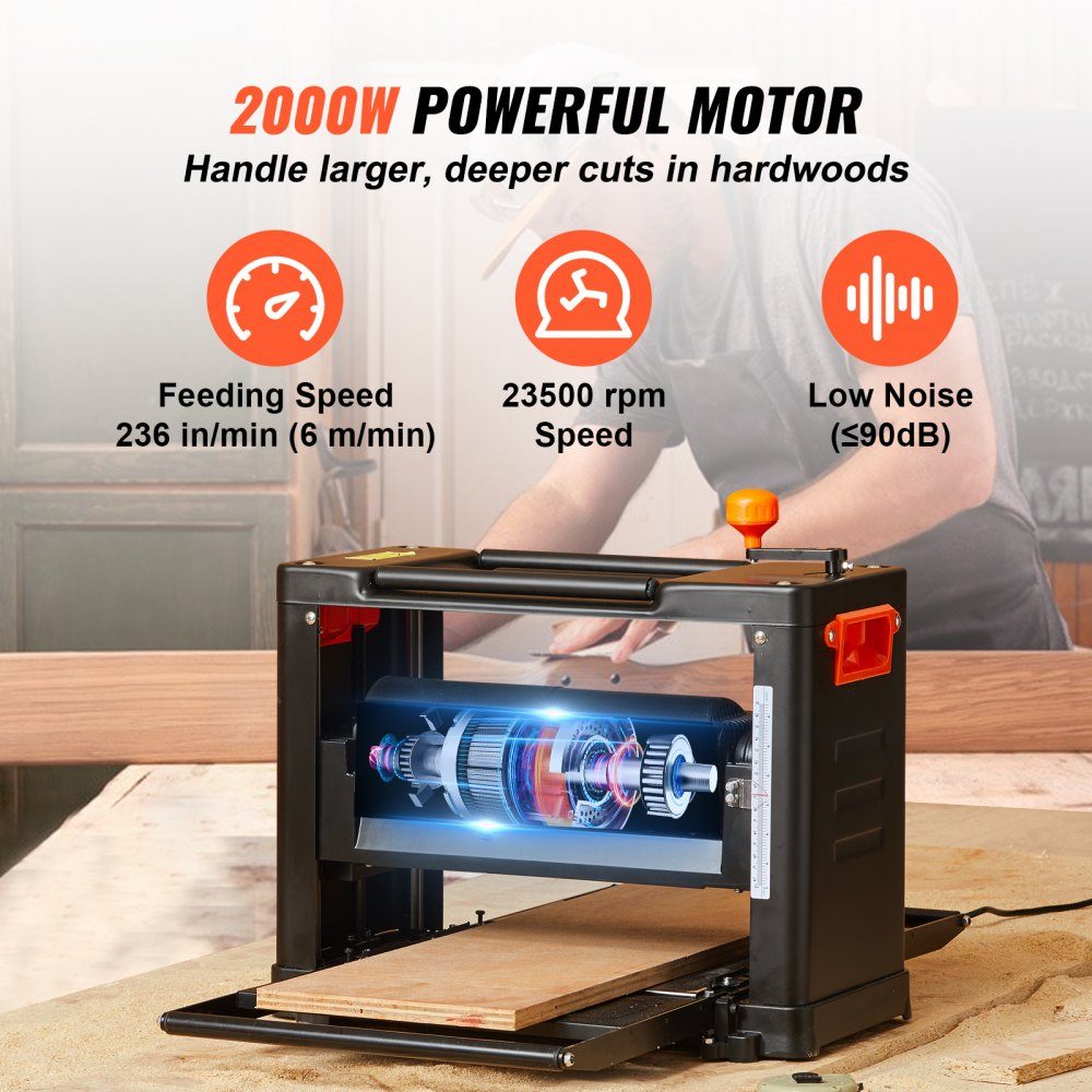 Thickness planer, 2000 W power, thickness planer, 3 planer blades, planer, 23500 rpm, planing width 33 cm, max. cutting thickness 15 cm Table planer 52.5 x 69.6 x 48 cm Ideal for woodworking