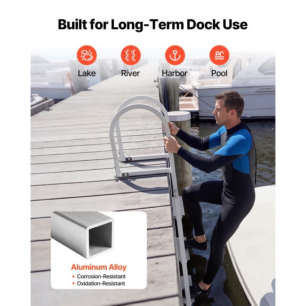 Dockleiter, 5 abnehmbare Stufen, Tragfähigkeit 227 kg. Aluminium-Ponton-Bootsleiter mit 8 cm breiten Stufen und rutschfesten Designstufen zum Einsteigen in Boote/Seen/Pools/Ozeane