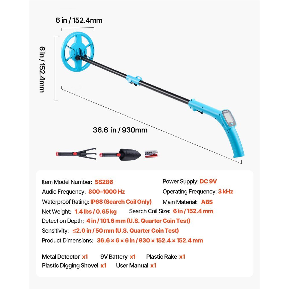 Détecteur de métaux 101,6 mm Détecteur d'or avec écran LCD 152,4 mm Bobine de recherche étanche IP68 Plage de recherche réglable de 65 à 92 cm pour l'exploration de l'or