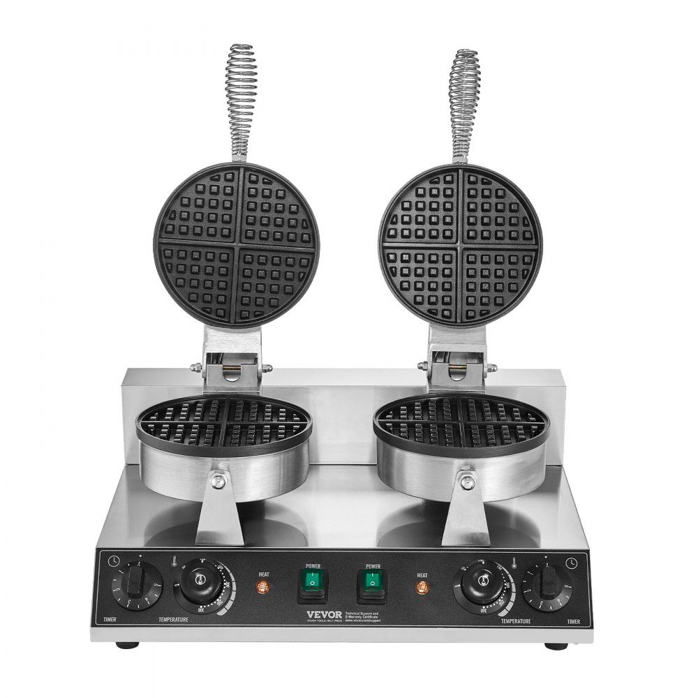 Kommerzielles rundes Waffeleisen mit Doppelkopf 2460 W, belgisches Waffeleisen mit antihaftbeschichteter Backoberfläche, Temperatur- und Zeitkontrolle, für Restaurant-Bäckerei-Snackbar