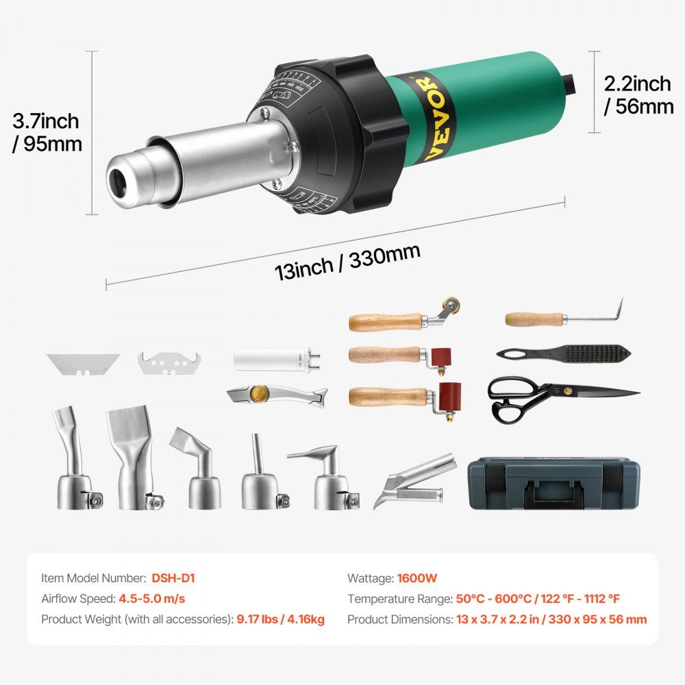Hot Air Plastic Welder, 1600W Heat Gun, 50-600°C PVC TPO Vinyl Welding Torch, Hot Air Welder Set with 17 Accessories - Tool Box, Nozzle, Roller, Blades for PP/PE/PVC