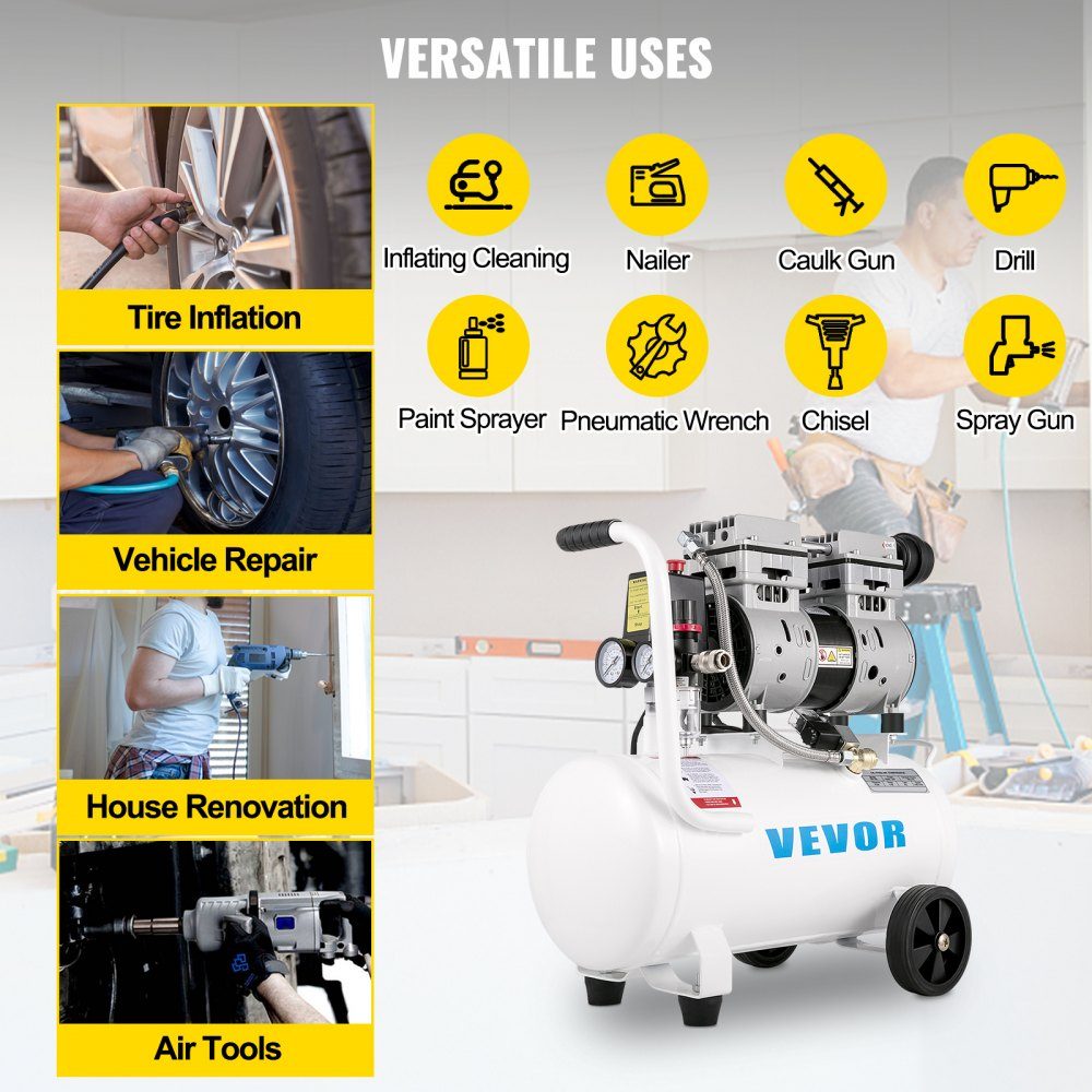Whisper compressor 25 L, quiet oil-free compressor 750 W, oil-free air compressor 60 dB, compressed air compressor, quiet compressed air boiler 165 L/min exhaust air volume, with built-in exhaust fan