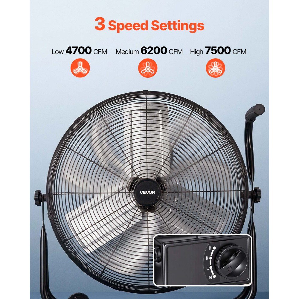 Vloerventilator Ø609,6mm, windmachine 360° kantelbaar, staande ventilator met 3 snelheden, draagbare trommelventilator met handvatrollen & 1,6m kabel, industriële ventilator voor garageopslag
