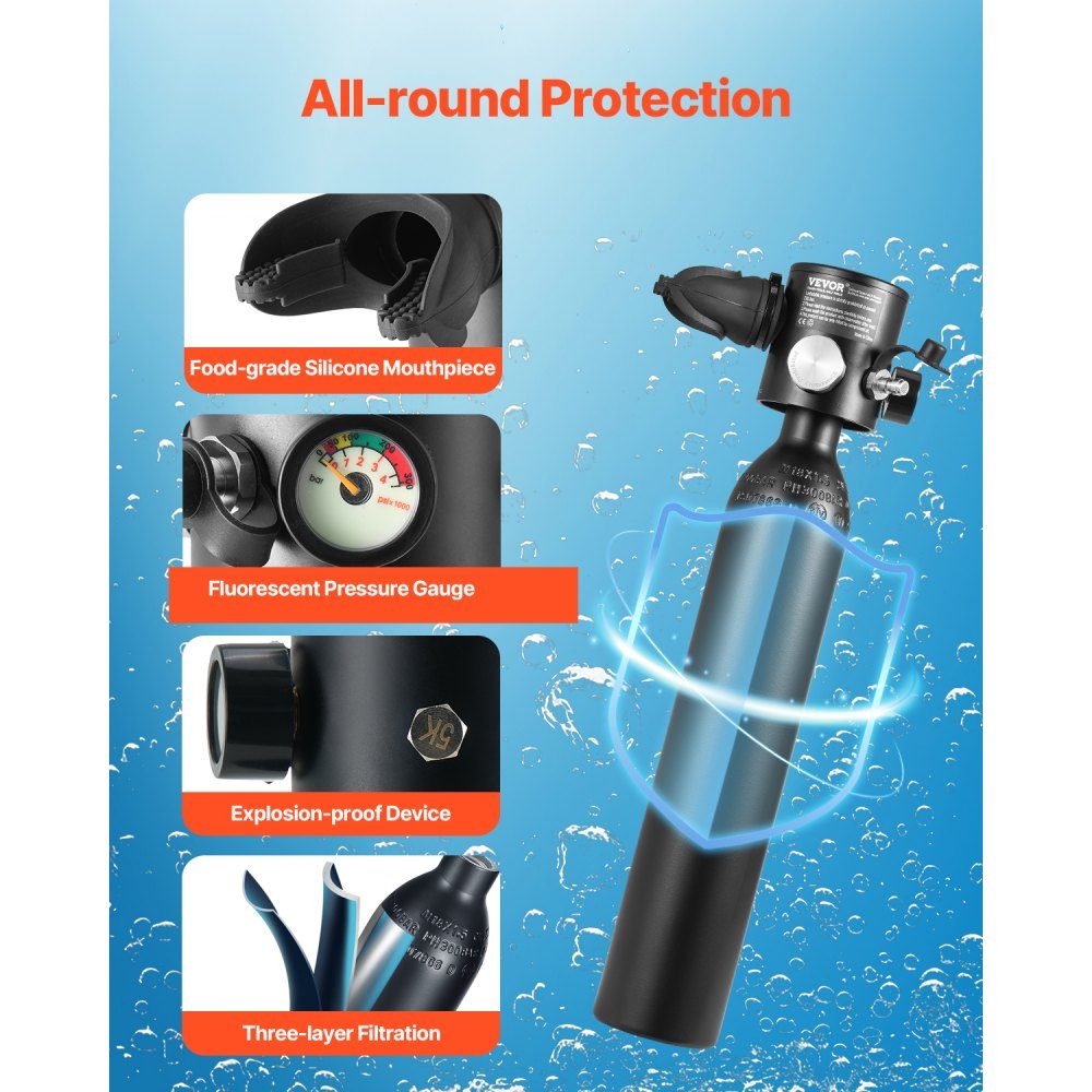 0.5L Diving Bottle, Portable Diving Bottle, Oxygen Bottle for Diving Support, 5-10 Minutes Underwater Breathing, 30m Diving Depth, Refillable Snorkel Air Tank with Pump