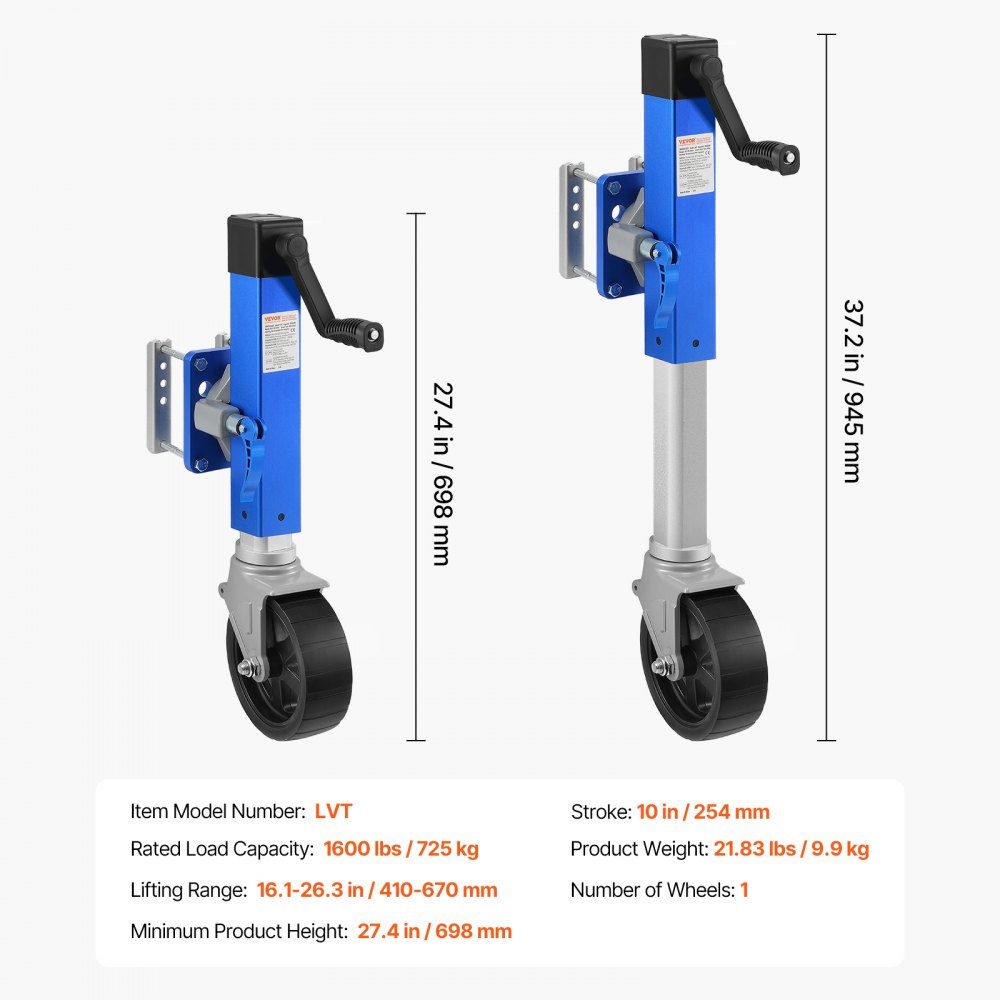 Cric de remorque avec roue, support de remorque de 725 kg, cric de remorque de bateau pivotant en PP à roue unique, moyeu de 254 mm, remorque de voyage boulonnée avec poignée pour camping-car, bateau, remorque à chevaux, remorque utilitaire