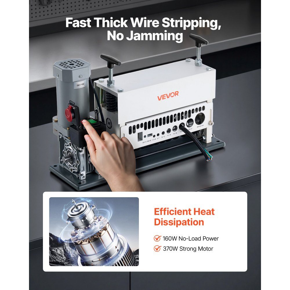 Abisoliermaschine für elektrische Kabel, 1,5–40 mm Kabelschälmaschine, automatischer 11-Kanal-Kupferkabelabisolierer, 370-W-Abisolierwerkzeug mit manuellem Handkurbelmodus, Not-Aus-Taste
