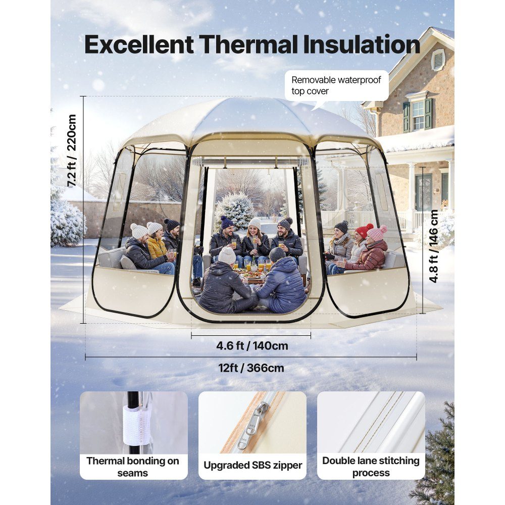 Pop-Up-Blasenzelt, 366 x 345 x 220 cm, transparentes Campingzelt, Gartenkuppel-Iglu-Zelt mit Fenstern, Sportzelt, 540°-Panoramablick für 10–12 Personen, Terrasse, Hinterhof