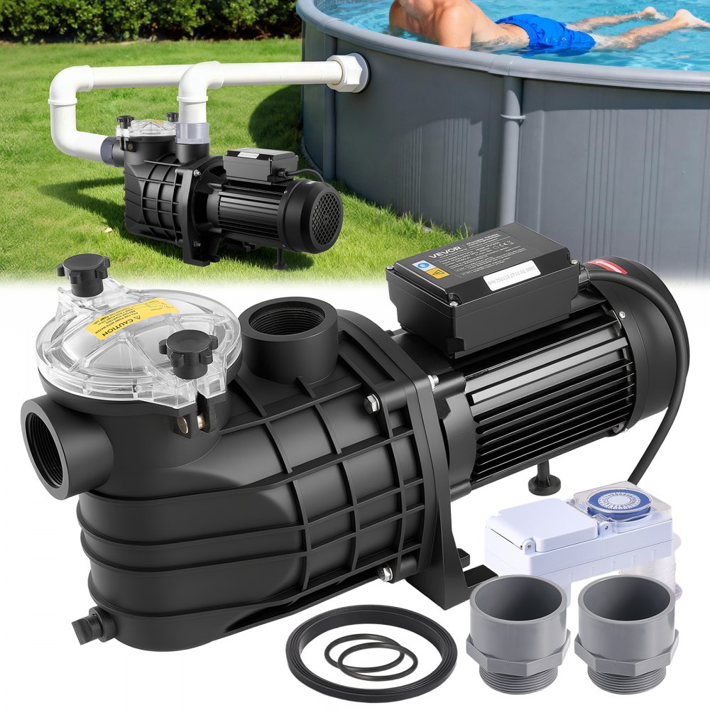Swimming pool pump 3 kW, filter pump 35,000 L/H max. delivery rate, single-stage pool pump 2860 rpm, 19 m max. delivery height, with 24-hour timer & filter basket, for above-ground & built-in pools, & spas Swimming pool pump 3 kW, filter pump 35,000 L/H max. delivery rate, single-stage pool pump 2860 rpm, 19 m max. delivery height, with 24-hour timer & filter basket, for above-ground & built-in pools, & spas