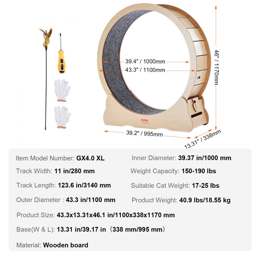Vélo d'appartement pour chat Tapis de course pour chat de 1 100 mm avec tapis de course amovible Teaser pour la course à pied et l'entraînement à la marche Convient à la plupart des chats jusqu'à 25 livres Vélo d'appartement pour chat Couleur bois