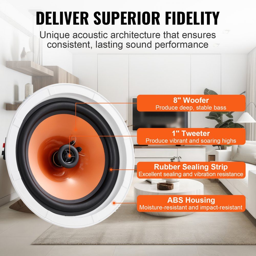 Set of 4 approx. 20 cm ceiling speakers, 100 W, in-ceiling and in-wall speaker system with 8 Ω impedance and 89 dB sensitivity, for home, kitchen, living room, bedroom or covered porch