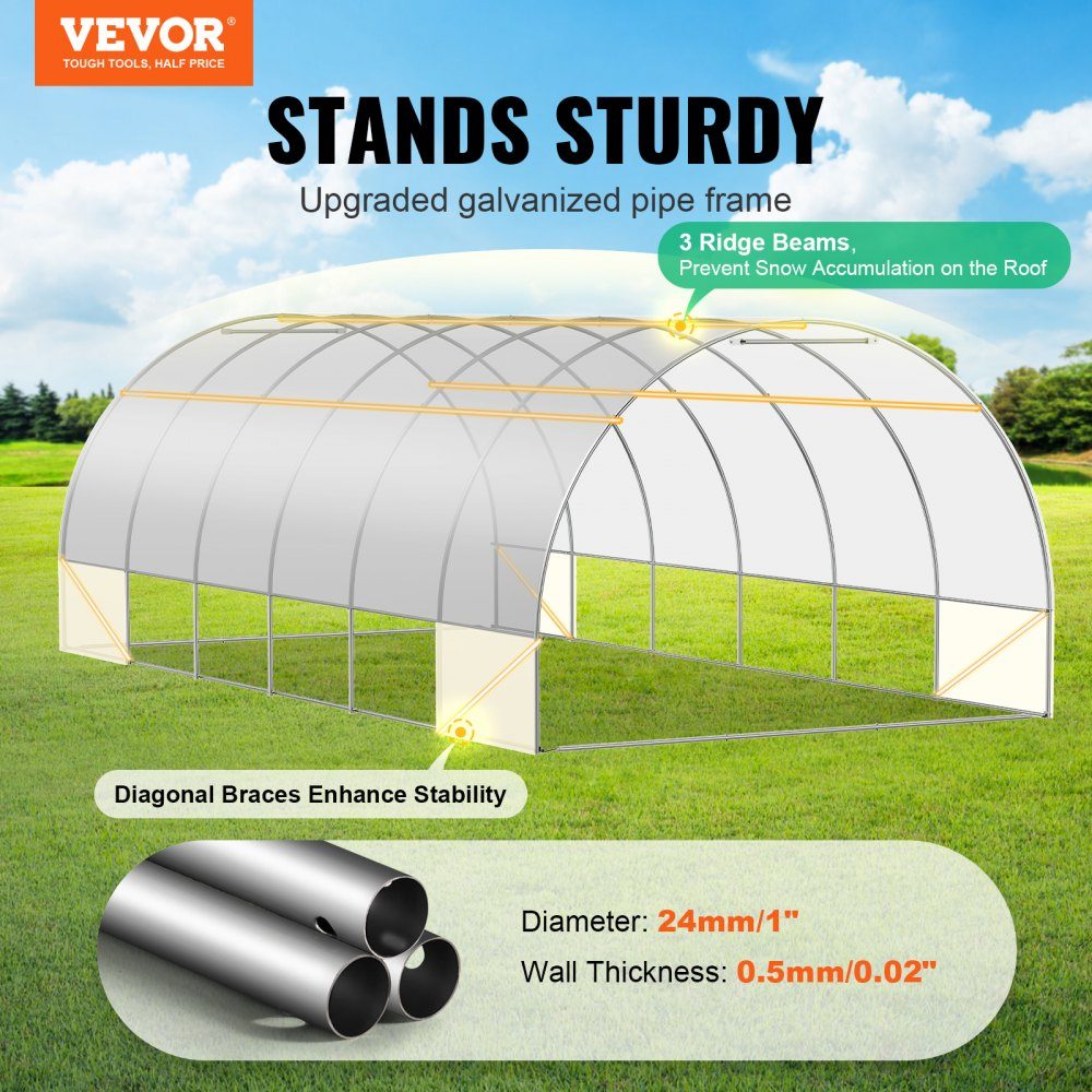 Walk-in tunnel greenhouse, 6.8 x 2.8 x 2.0 m, film greenhouse tunnel, plant greenhouse with galvanized steel frame, white PE cover, roll-up zipper door and 12 windows for outdoor use