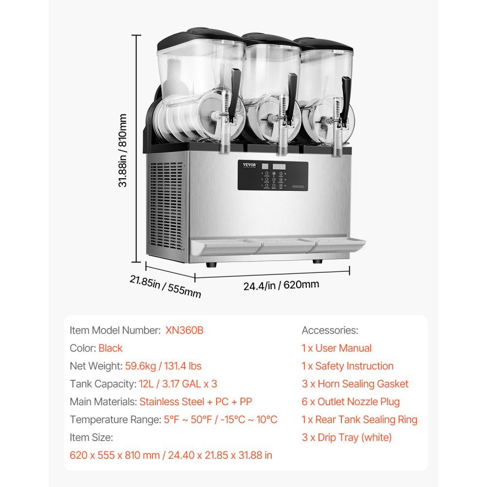Commercial Slush Ice Cream Maker, 12L x 3, Three Tank Frozen Drink Machine, 144 Cups, Stainless Steel Slush Ice Cream Maker with Keyboard, Soft Ice Cream Machine for Party, Restaurant, Cafe, Bar