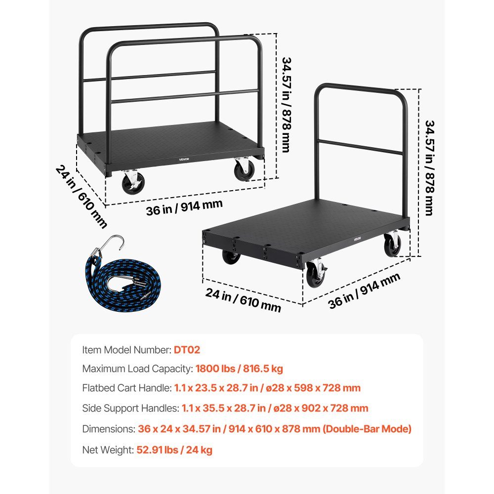 Plattenwagen, 816 kg Tragkraft, 2-in-1 Rollwagen mit 360° Lenkrollen, 914x610 mm Plattformwagen mit 3 seitlichen Handläufen, Transporthilfe für Fabrik, Lager, Garage, Schwarz