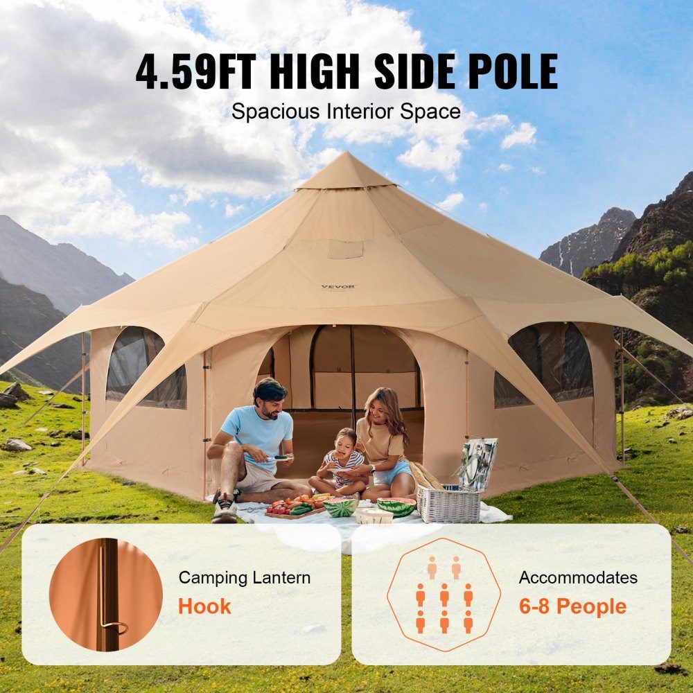 Bell Tent 5x2.8m Yurt Tent TC Cotton and Heavy Duty Iron Poles with Oxford Cloth Groundsheet Camping Tent Family Tent 8 Windows Group Tent for Outdoor Adventures