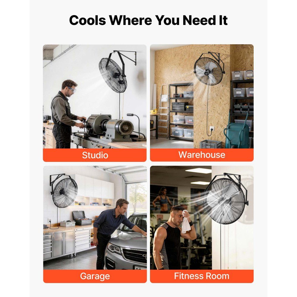 2x 120W Industrie-Wandventilator 60 cm, 7 m/s oszillierender Wandventilator mit 3 Stufen & verstellbarem Neigungswinkel, gewerblicher Industrieventilator für Werkstatt, Garage, Lager, Fitnessstudio, Schwarz