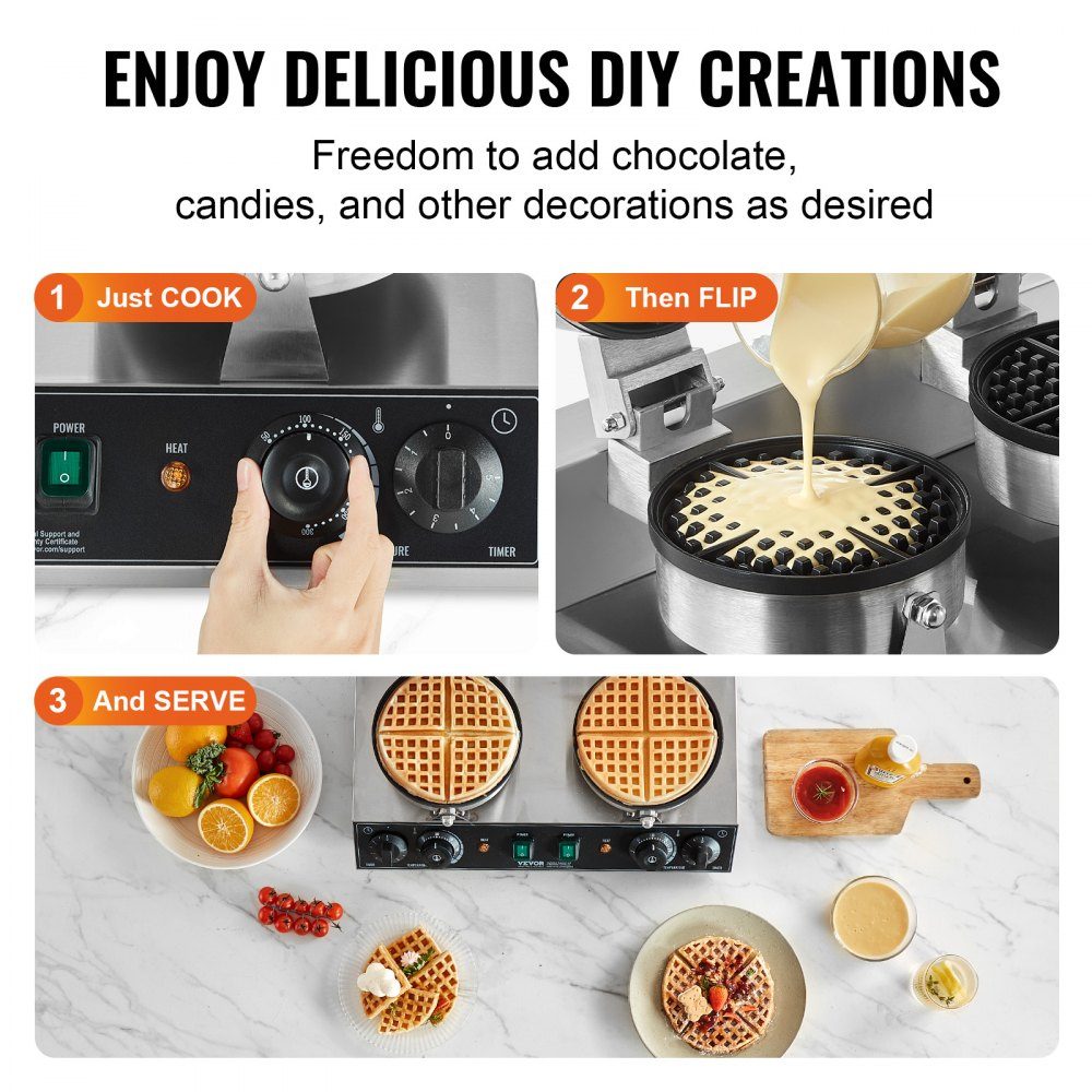 Kommerzielles rundes Waffeleisen mit Doppelkopf 2460 W, belgisches Waffeleisen mit antihaftbeschichteter Backoberfläche, Temperatur- und Zeitkontrolle, für Restaurant-Bäckerei-Snackbar