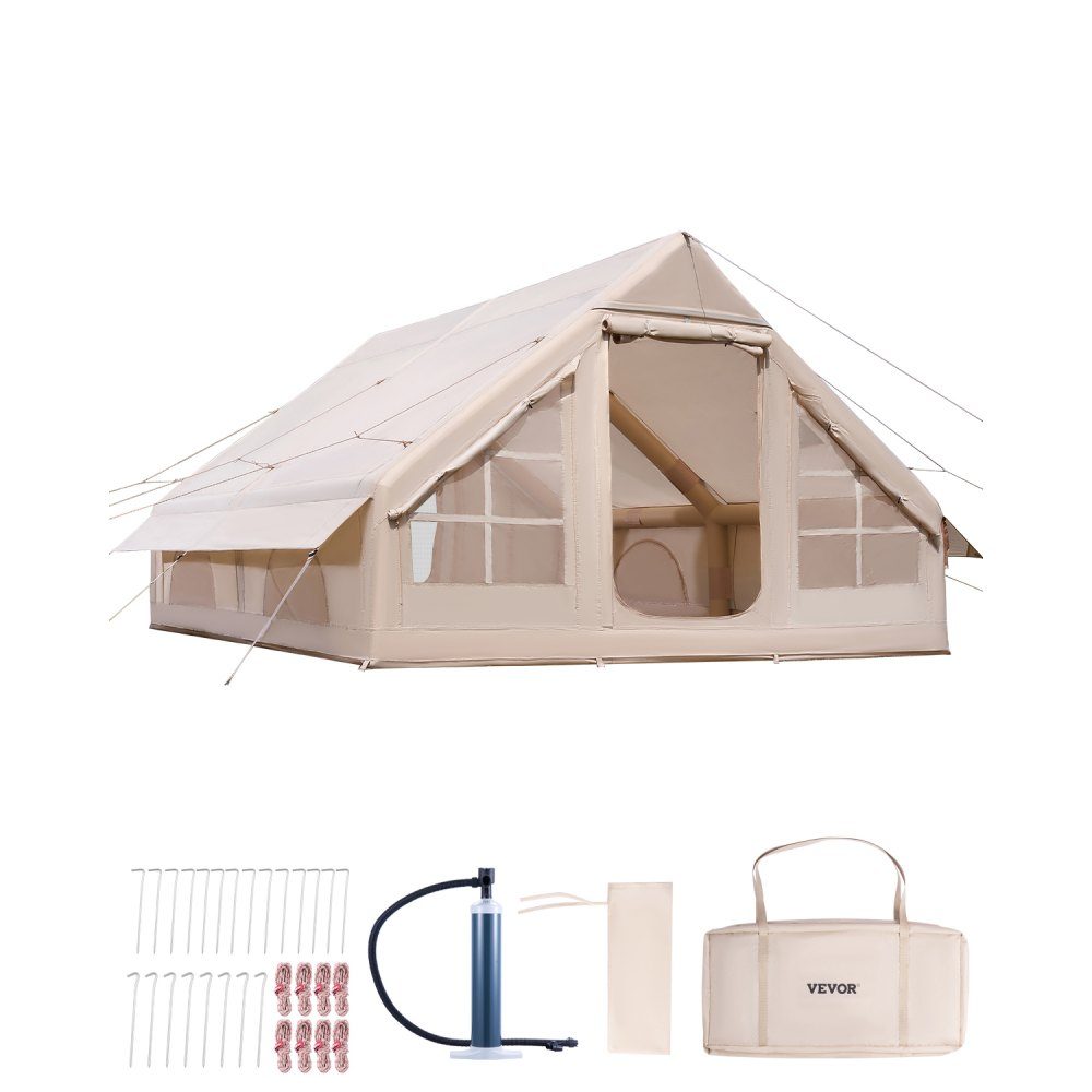 Opblaasbare kampeertenten 4 x 3 x 2 m 5-8 personen 300D Oxford glamping tent met kachelpoort, handpomp, 2 deuren en 4 gaasramen, inclusief opbergtas voor gemakkelijk transport