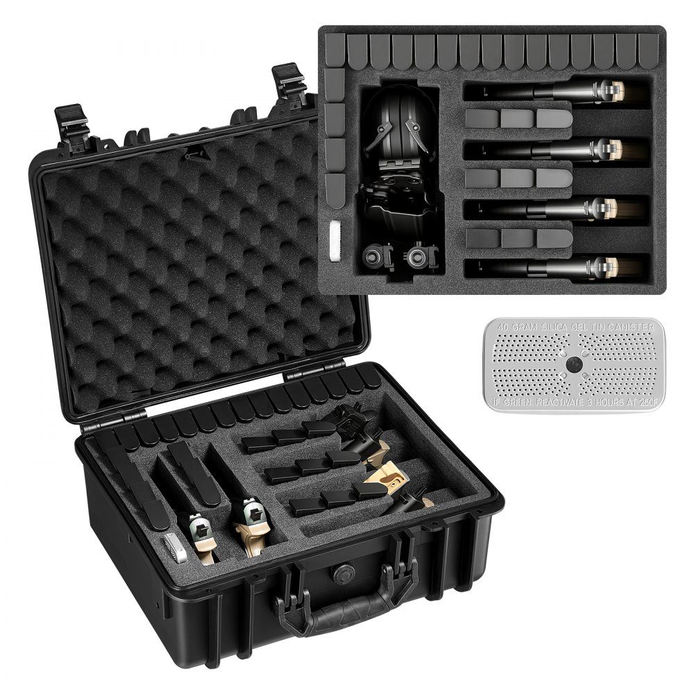 Hartschalenkoffer für 6 Pistolen, Pistolenkoffer mit XPE-Schaumstoffeinlage 475x415x215 mm, wasserdichter Kurzwaffenkoffer mit verstellbarem Innenraum und Tragegriff, für Pistolenobjektivkamera