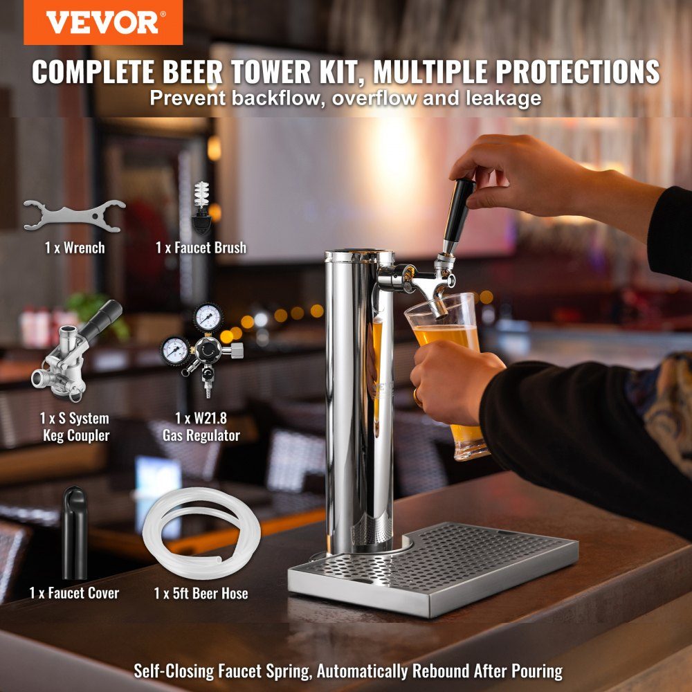 Beer Tower Kit, Single Tap Beer Conversion Kit, Stainless Steel Beer Tower Dispenser with Dual Gauge W21.8 Regulator and S System Keg Coupler, Beer Drip Tray for Home Party