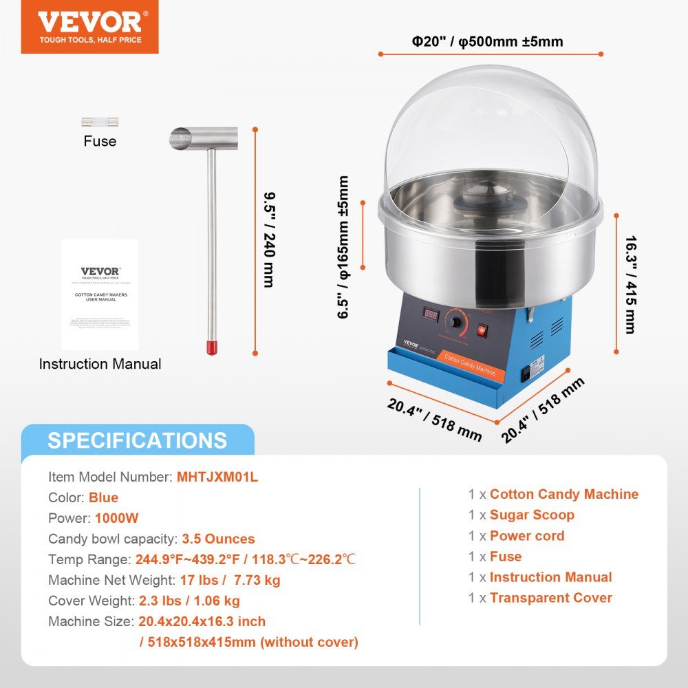 Elektrische suikerspinmachine, 1000 W suikerspinmachine, commerciële suikerspinmachine met deksel, roestvrijstalen kom en suikerlepel, perfect voor familiebijeenkomsten, feesten (blauw)