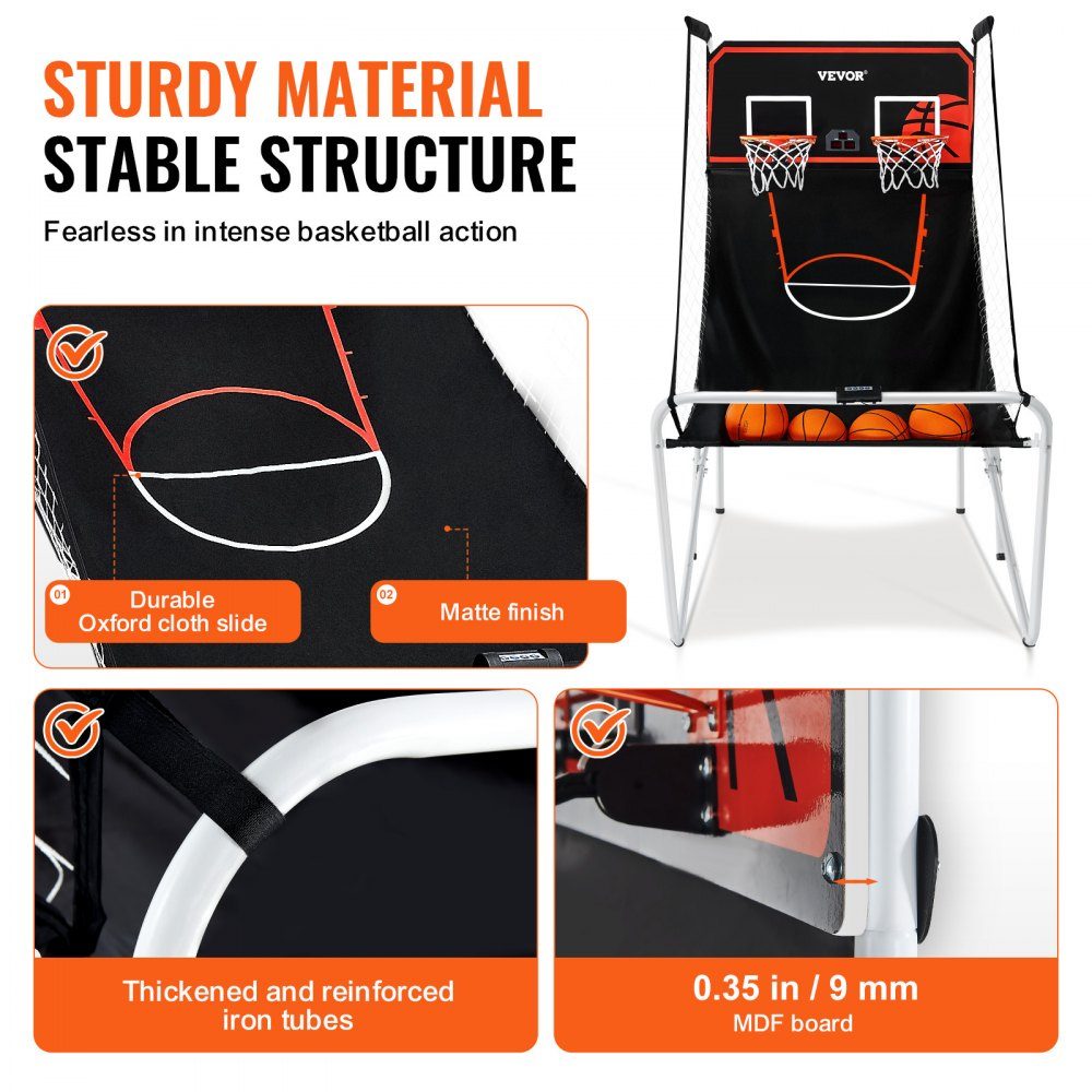 Jeu de basket-ball en salle de 2,05 m pour 2 joueurs, machine de basket-ball, support de ballon de basket-ball avec 4 balles, 8 modes de jeu et 2 cerceaux de basket-ball, tableau de bord et pompe de gonflage, pour enfants et adultes