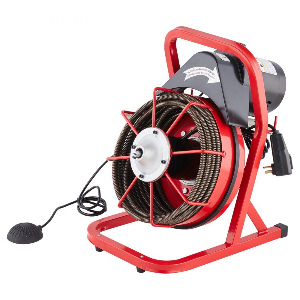 Pipe Cleaning Machine 50 FT x 1/2 Inch, Manual Feed Duct Spiral, 250W Electric Pipe Cleaning Machine with 4 Cutters and Air Activated Foot Switch for 2" to 4" Pipes
