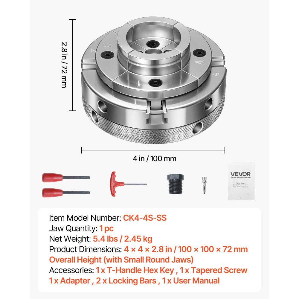 4" klauwplaat, centreerklauwplaat met 4 klauwen met 1" x 8 TPI draad en adapter, vernikkelde bekken van hoogwaardig staal, spreiders en klemmen voor houtbewerking