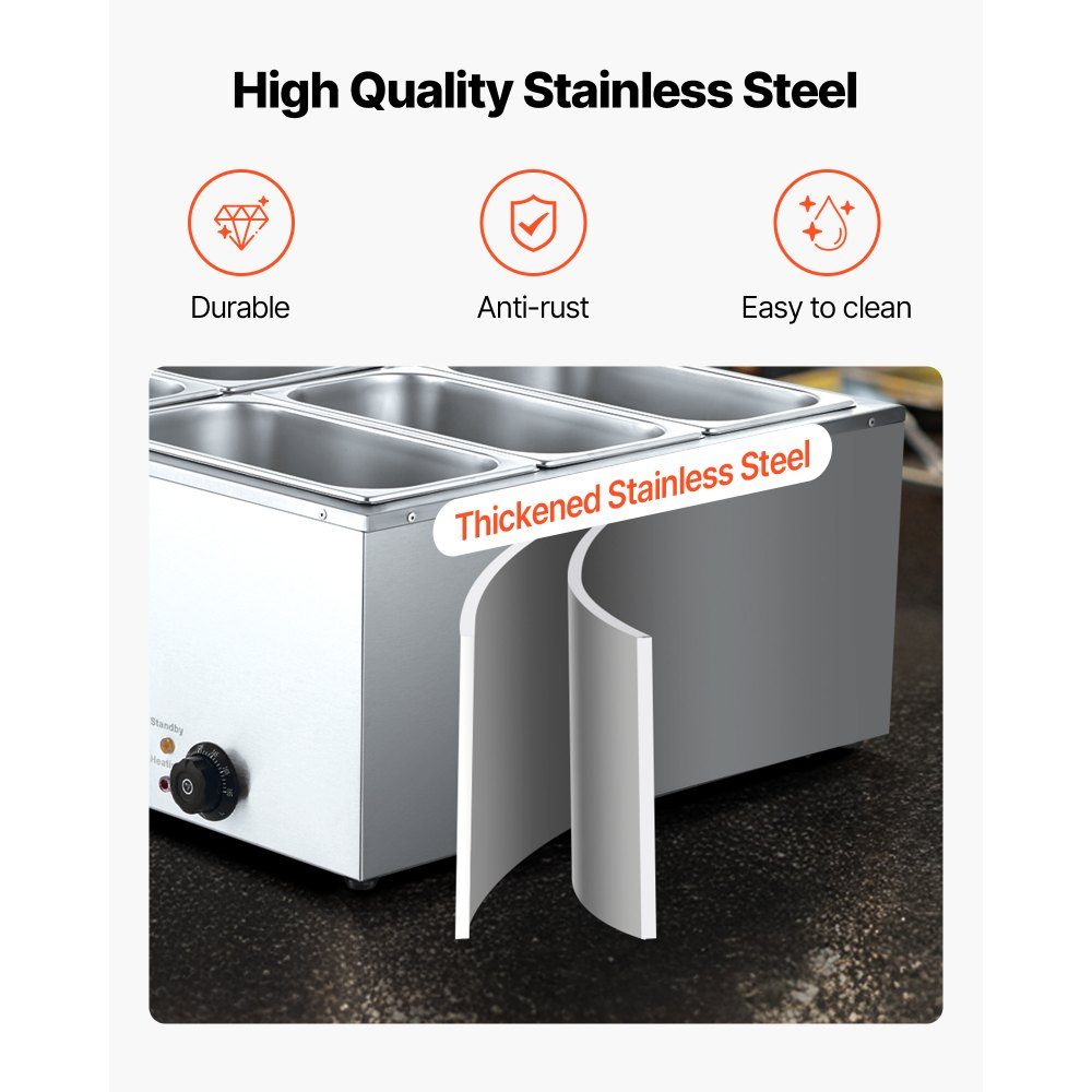 Réchauffeur de nourriture commercial (6 récipients de taille 1/3), récipient chauffant électrique en acier inoxydable de 1,5 kW avec couvercle et louche à soupe, ensemble de réchauds pour restauration, restaurant, fête