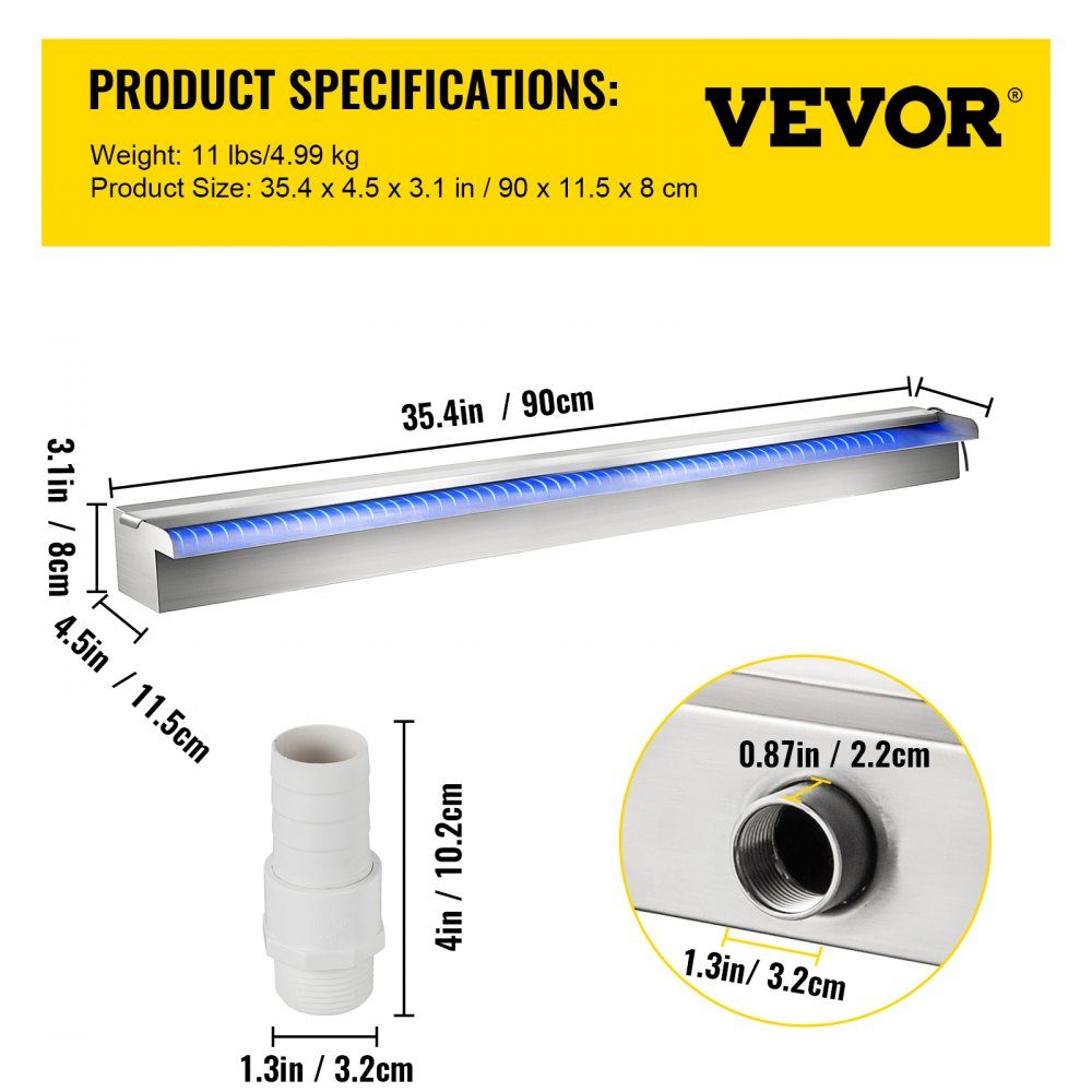 Swimming Pool Waterfall Spiller 90x11.5x8cm Stainless Steel Swimming Pool Water Feature with Colorful LED Strip, Hose Connector, Remote Control, Corrosion Resistant Fountain for Pond Pool