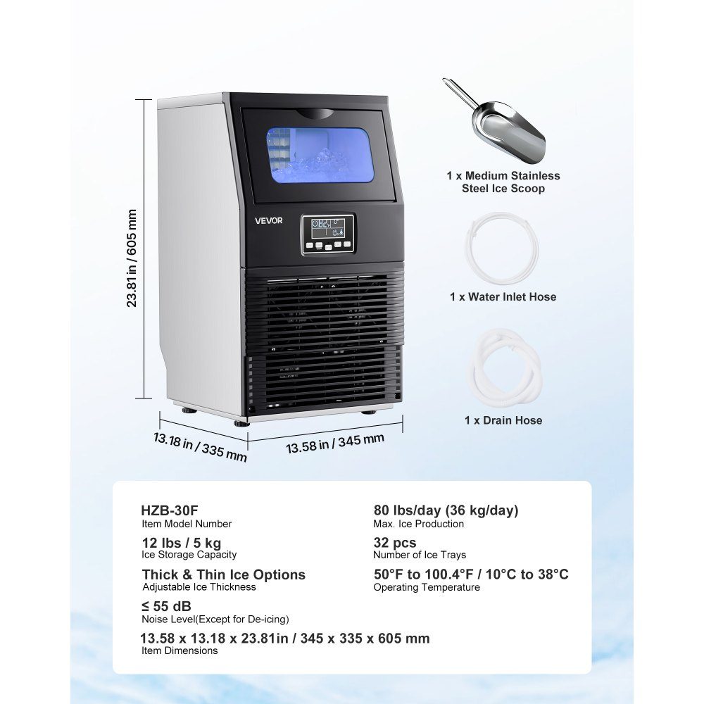 Kommerzielle Eismaschine, Eiswürfelmaschine, 36 kg/Tag mit 5 kg Speicher, freistehender und Desktop-Eiswürfelbereiter aus Edelstahl mit LED-Anzeige und Selbstreinigung für Heimbar und Restaurant