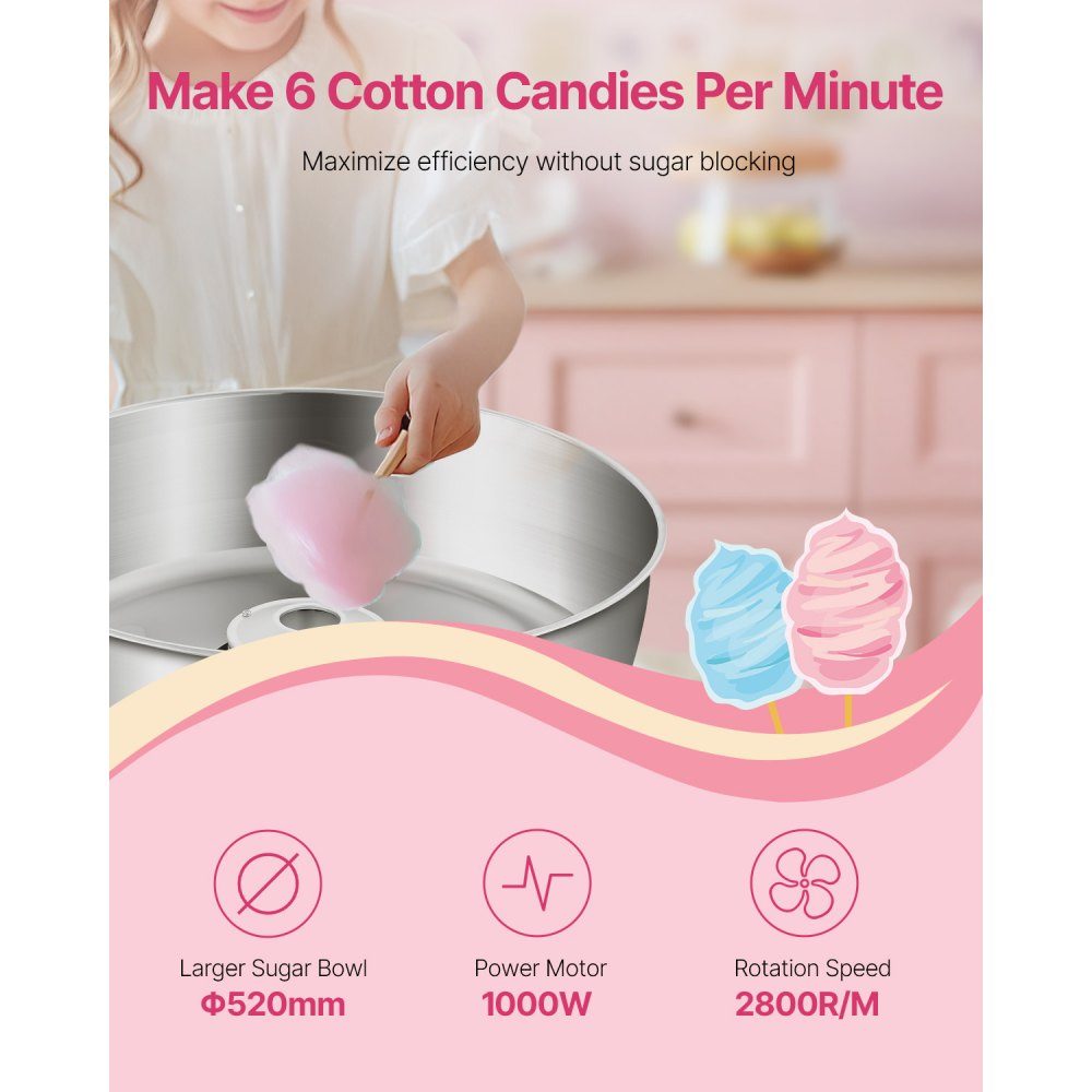 Machine à barbe à papa électrique, machine à barbe à papa commerciale (1000 W) avec bol en acier inoxydable de 52 cm, cuillère à sucre et tiroir, parfaite pour les anniversaires d'enfants, les réunions de famille, les fêtes, bleu