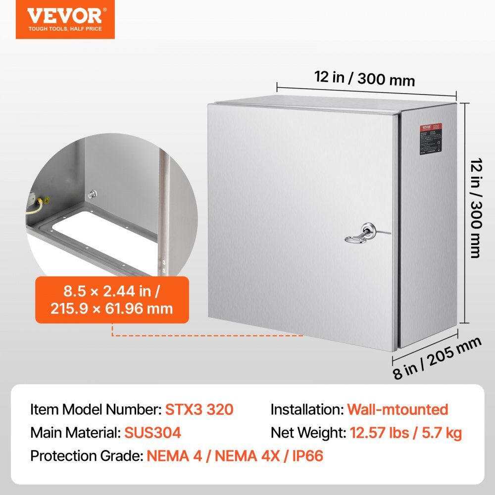 Armoire électrique Boîtier en acier inoxydable NEMA, 300x300x200 mm, boîte de jonction électrique en acier NEMA 4X, IP66 étanche à l'eau et à la poussière, pour usage intérieur et extérieur, avec plaque de montage
