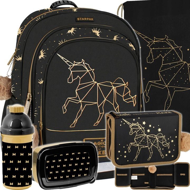 Schulrucksack für Mädchen - Schwarz/Gold mit Einhornmotiv, 5 Stück, Klasse 1-3