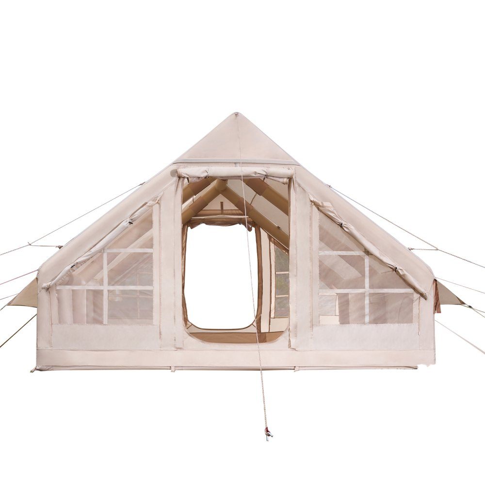 Opblaasbare kampeertenten 4 x 3 x 2 m 5-8 personen 300D Oxford glamping tent met kachelpoort, handpomp, 2 deuren en 4 gaasramen, inclusief opbergtas voor gemakkelijk transport