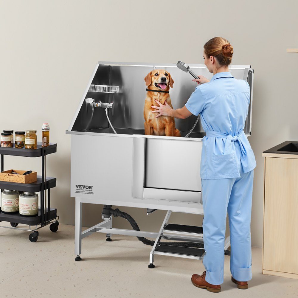 Station de lavage pour chien en acier inoxydable, baignoire de toilettage pour animaux de compagnie, 1270 x 700 x 1545 mm, avec escalier, plaque de filtre à eau en PE, robinet, pomme de douche et porte-savon pour animaux de grande, moyenne et petite taill