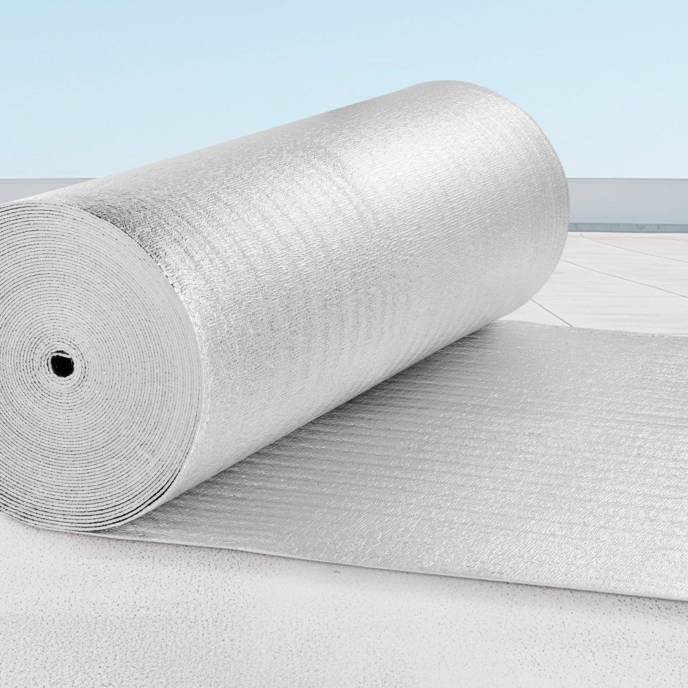 Dubbele reflecterende isolatierol, stralingsbarrière met schuimkern, 3,2 mm, 48 "x 100 ft, dubbelzijdig warmtereflecterend bord gemaakt van aluminiumfolie en EPE-schuim, thermische isolatierol voor ramen en camperdaken