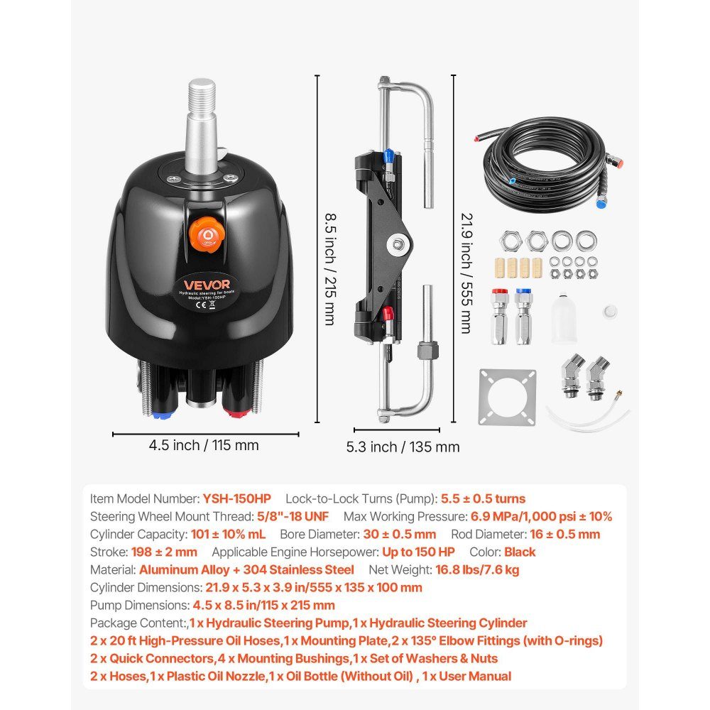 Outboard Hydraulic Steering Kit 110kW (150HP) Marine Hydraulic Boat Steering System with 6.9MPa Steering Pump, Two Way Lock Cylinder and 6m Hoses, for Single Helm, Single Engine