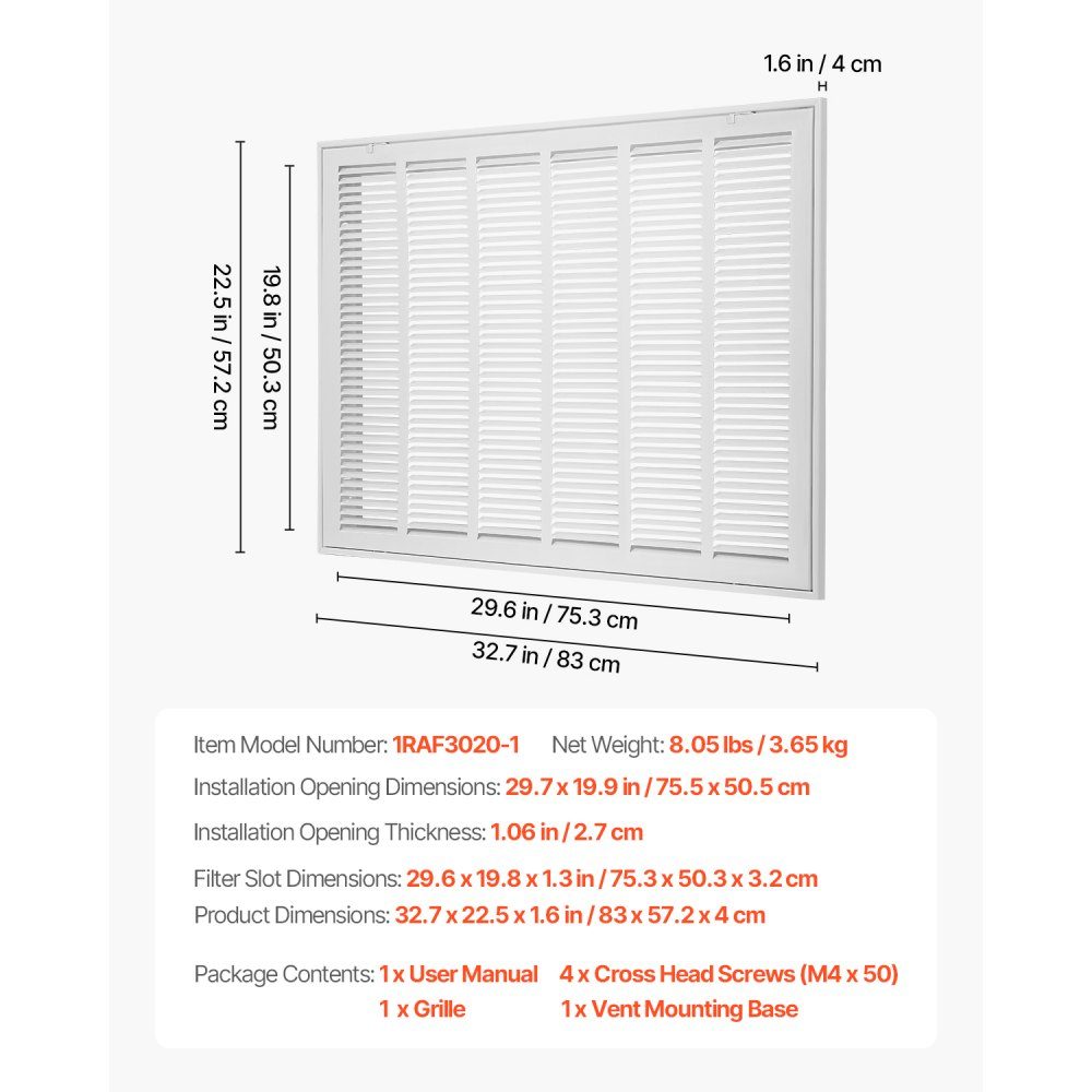 Ventilation grille 83x57.2x4 cm, suitable for installation opening 75.5x50.5 cm, filter NOT included, exhaust grille for the wall, exhaust grille made of steel