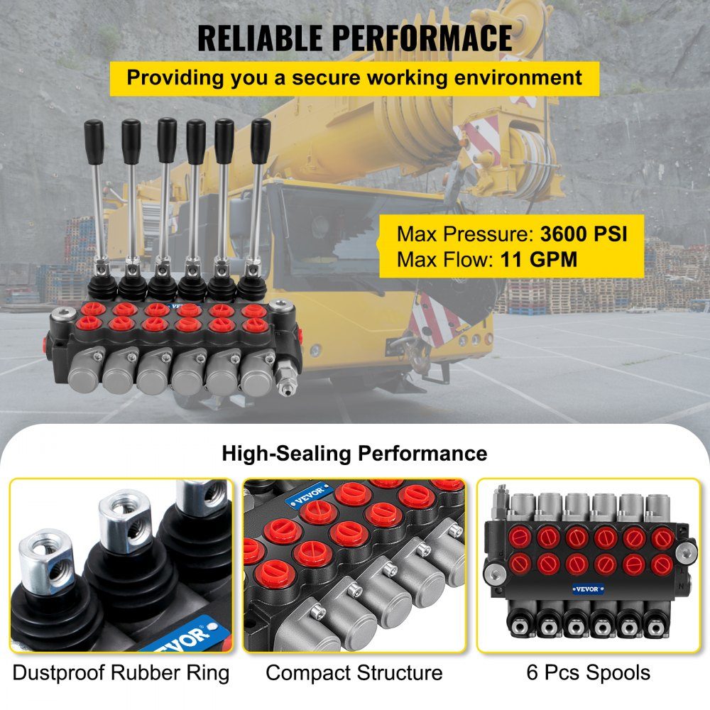 Hydraulic directional control valve, 6 spool hydraulic spool valve, 11 GPM hydraulic loader valve, 3600 PSI directional control valve, hydraulic valves and controls for tractors, loader tanks