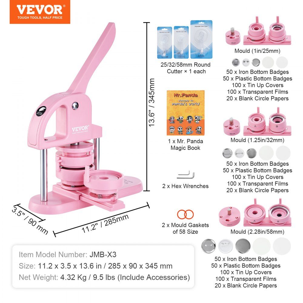 Buttonmaker 25/32/58mm 3-in-1 Pinmaker, 300pcs Button Parts, Buttonmaker Machine with Panda Magic Book, Ergonomic Punching Set with Bow Handle, for DIY Gifts for Kids